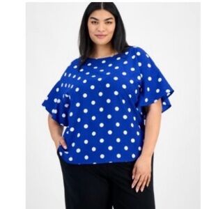 Anne Klein Plus Size Royal Blue Polka Dot Flutter Sleeve Blouse